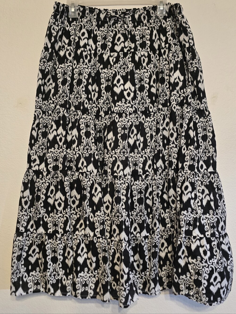 Christopher & Banks Black White Ikat Damask Tiered Maxi Skirt S 100% Cotton